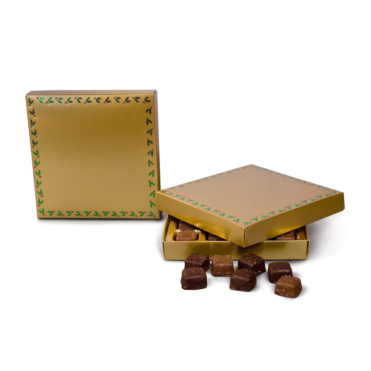 Holly & Berries Border - Candy Box Lid - (16 oz x 2 Layers) 7-3/4 x 7-3/4 x 1-1/8"