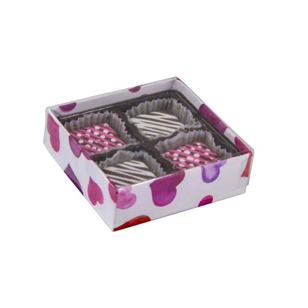 Watercolor Valentine Hearts - Clear Lid - Rigid Candy Box - Lid & Base - (1/8 lb) 3-1/2 x 3-1/4 x 1-1/8"