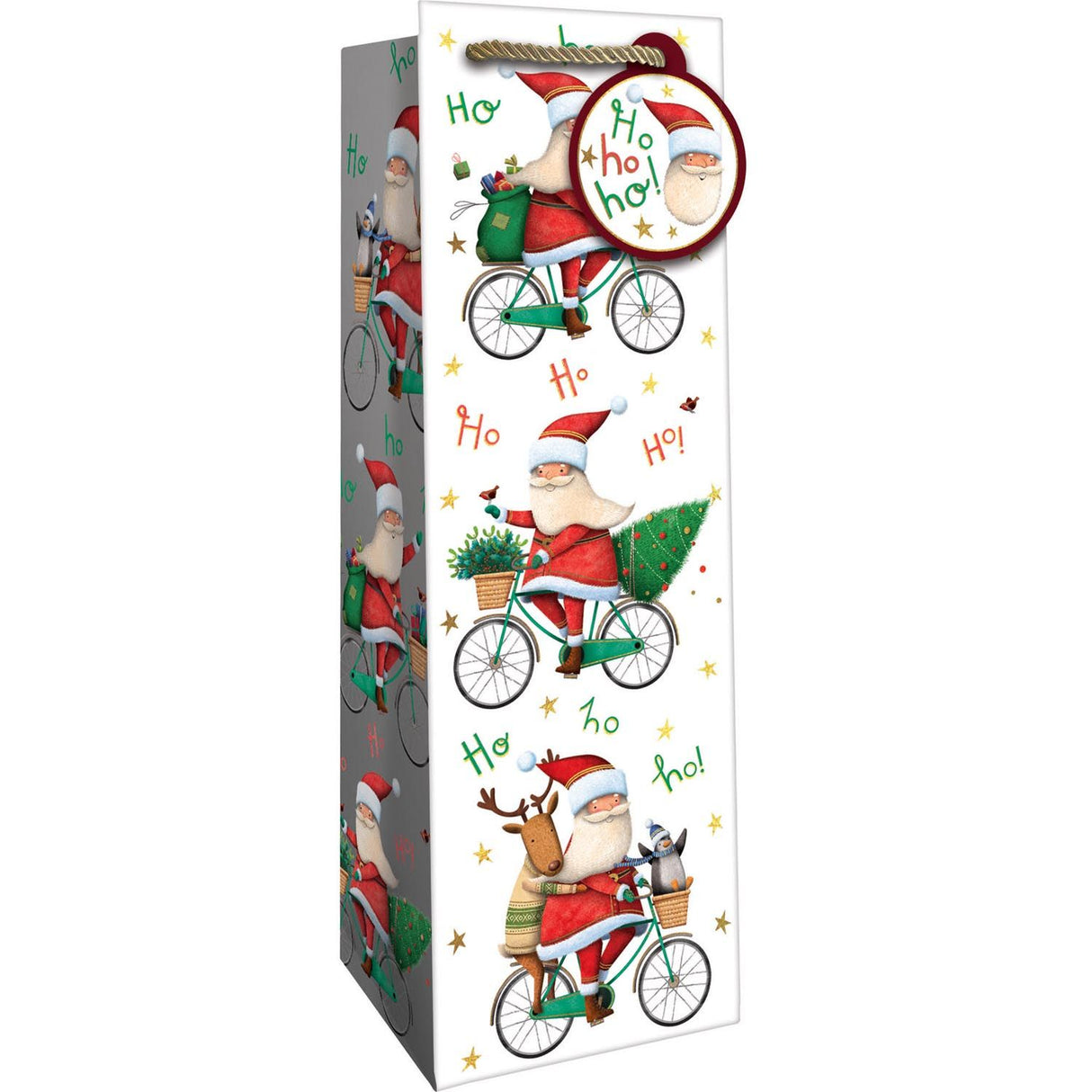 Santa Bicycle - Wine Bag - 4-1/2 x 4-1/2 x 14"