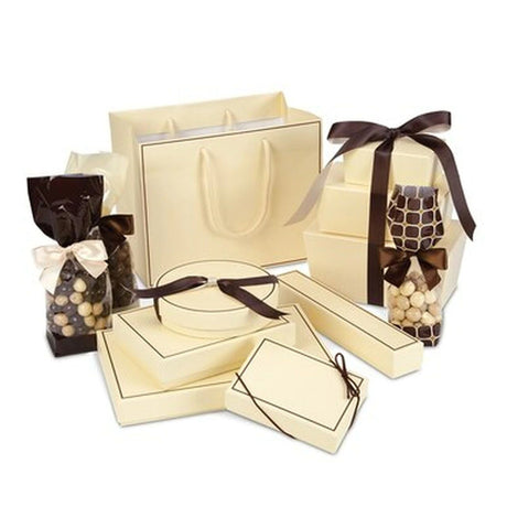 Cream - Brown Trim - Round Set Up Candy Box - 5-1/2 (Dia) x 1-1/8" (H)