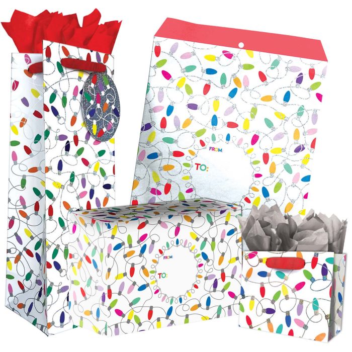 Christmas Lights White Gift Bags, Wrapping Paper, & Mailers