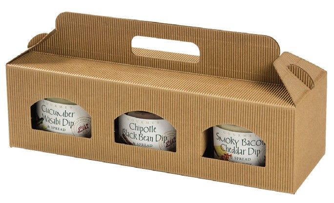 Natural Kraft Textured Rib - Window Jar Carrier - (3 Jar Carrier - Fits Jars 3-3/4" Dia x 3-1/4" H) 12-1/8 x 3-15/16 x 3-1/2"