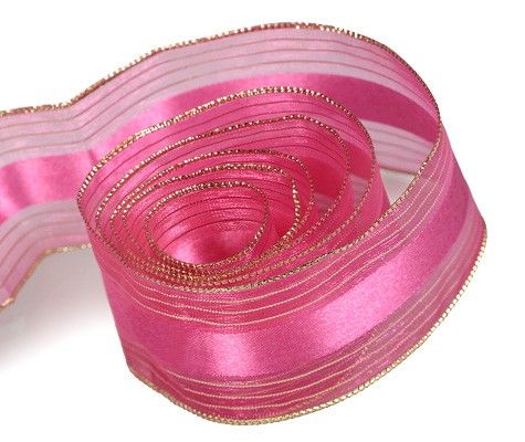Hot Pink / Gold - Elite Sheer (Wired Edge) Ribbon - 1-1/2" x 50 Yards