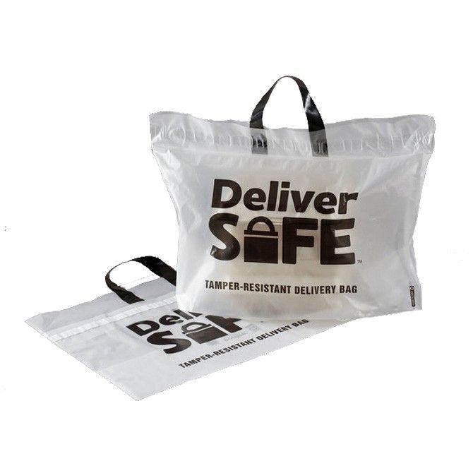 White - Deliver Safe White Poly Tamper Resistant Delivery Bag with Black handles - 21 x 10 x 15"
