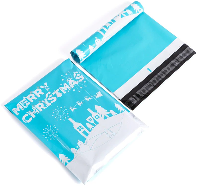 Merry Christmas Snow Blue Poly Mailers Size 10x13 Shipping Bags