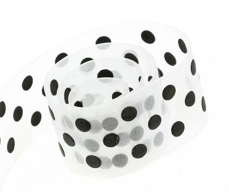 White / Black Dots - Chiffon Pop Dots Ribbon - 1-1/2" x 50 Yards