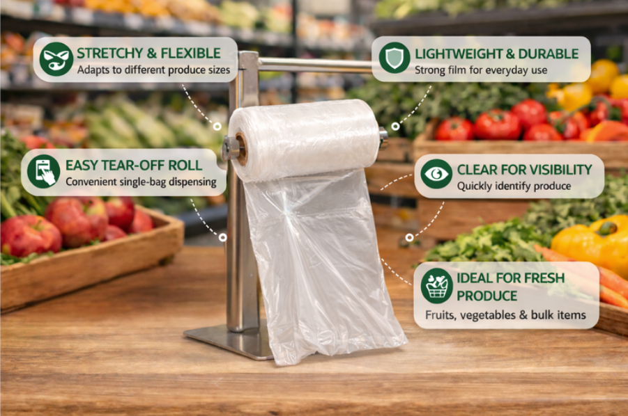 Produce Bags on Roll – 100 Count | Clear | 14" x 17" | Reusable Style | Made in USA | beyondGREEN