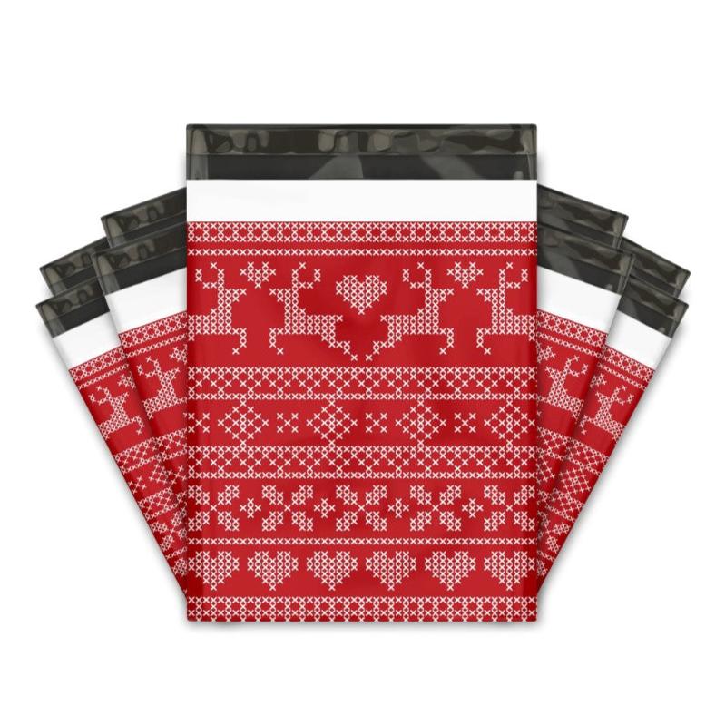 Red Reindeer Poly Mailers Size 10x13 Christmas Sweater Design Shipping Bags