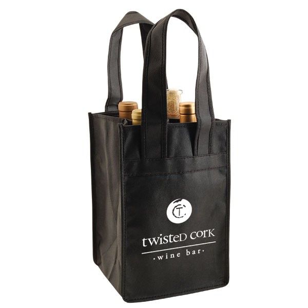 Black - 4 Bottle Reusable Wine Tote - 7 x 7 x 11" (20 in. Handle)
