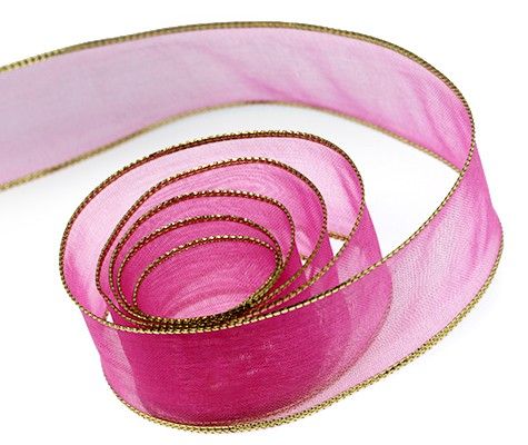 Azalea / Gold Edge - Classic Chiffon Ribbon (Wired Edge) - 7/8" x 100 Yards