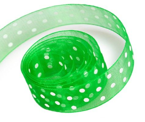 Emerald / White Dot - Sheer Confetti Ribbon - 7/8" x 100 Yards