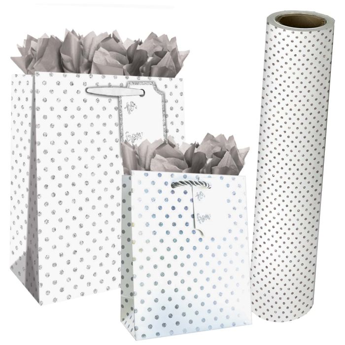 Silver Dots on White Gift Bags & Wrapping Paper