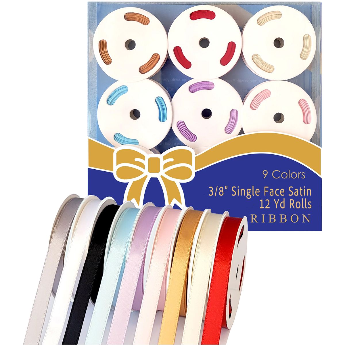 9 Colors - Single Face Satin Variety Pack Ribbon - 3/8" x 12yd.