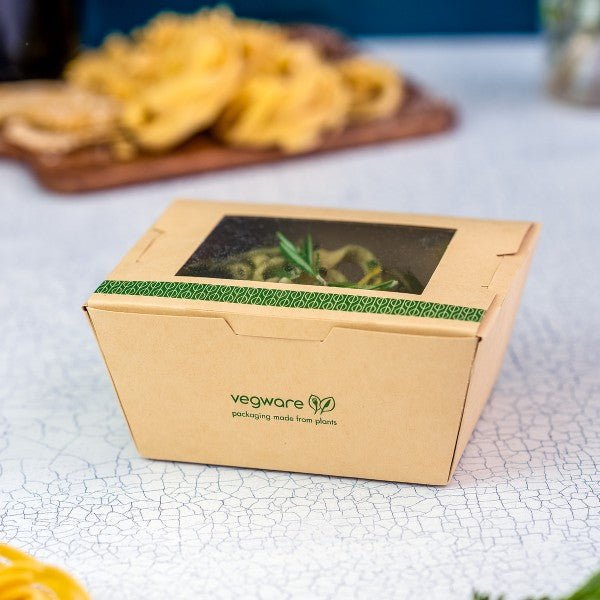 Vegware 26 oz Window Food Box Bamboo Paper with PLA Window Compostable (QTY 200), SKU VW-PPRBW26
