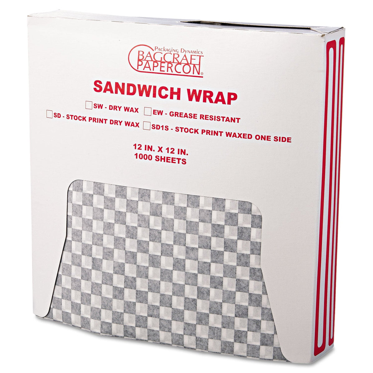 Bagcraft Grease-Resistant Paper Wraps and Liners, 12 x 12, Black Check, 1,000/Box, 5 Boxes/Carton