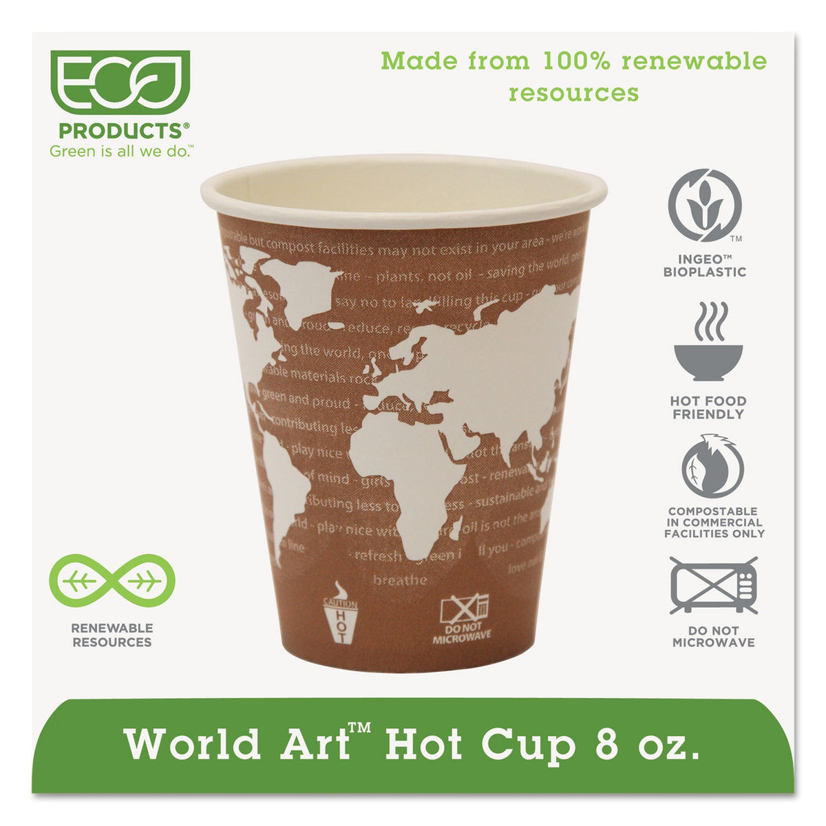 Eco-Products World Art Renewable and Compostable Hot Cups, 8 oz, 50/Pack, 20 Packs/Carton