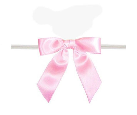 Pink - Satin Bow with Twist Tie - 2-1/2" Width Bow - 4" Clear Twist Tie