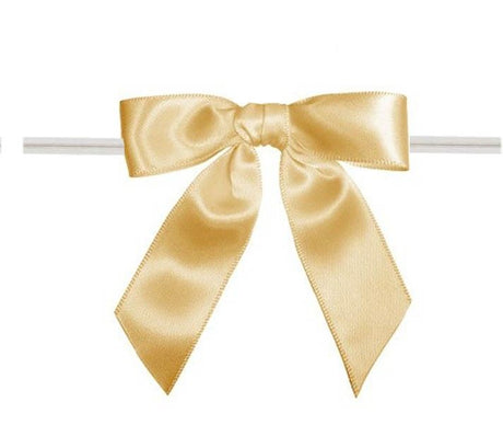 Old Gold - Satin Bow with Twist Tie - 3" Width Bow - 4" Clear Twist Tie