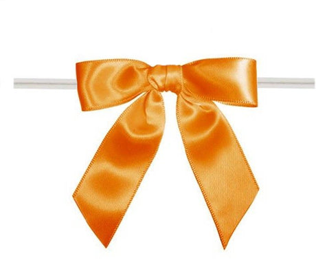 Orange - Satin Bow with Twist Tie - 3" Width Bow - 4" Clear Twist Tie