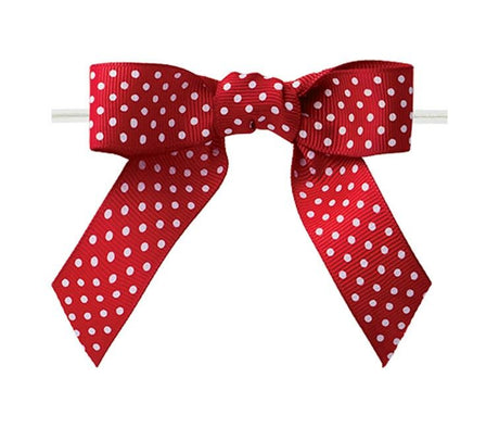 Red Polka Dot - Polka Dot Bow with Twist Tie - 3-1/2" Width Bow - 4" Clear Twist Tie