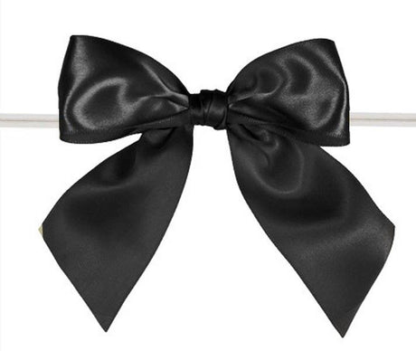 Black - Satin Bow with Twist Tie - 4" Width Bow - 6" Clear Twist Tie