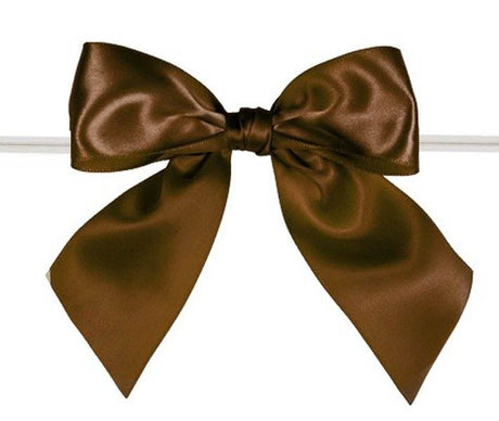 Brown - Satin Bow with Twist Tie - 4" Width Bow - 6" Clear Twist Tie