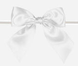 White - Satin Bow with Twist Tie - 4" Width Bow - 6" Clear Twist Tie
