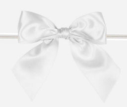 White - Satin Bow with Twist Tie - 4" Width Bow - 6" Clear Twist Tie