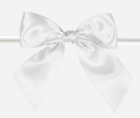 White - Satin Bow with Twist Tie - 4" Width Bow - 6" Clear Twist Tie