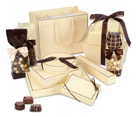 Cream - Brown Trim - Rectangle Set Up Candy Box - (24 Pc.) 9-1/2 x 6-3/8 x 1-3/16"