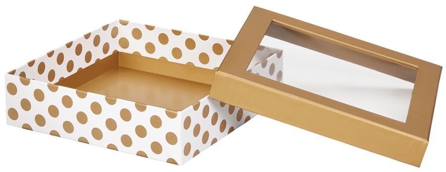 Metallic Gold Dots - Window Gourmet Gift Box - 7-1/2 x 7-1/2 x 2"
