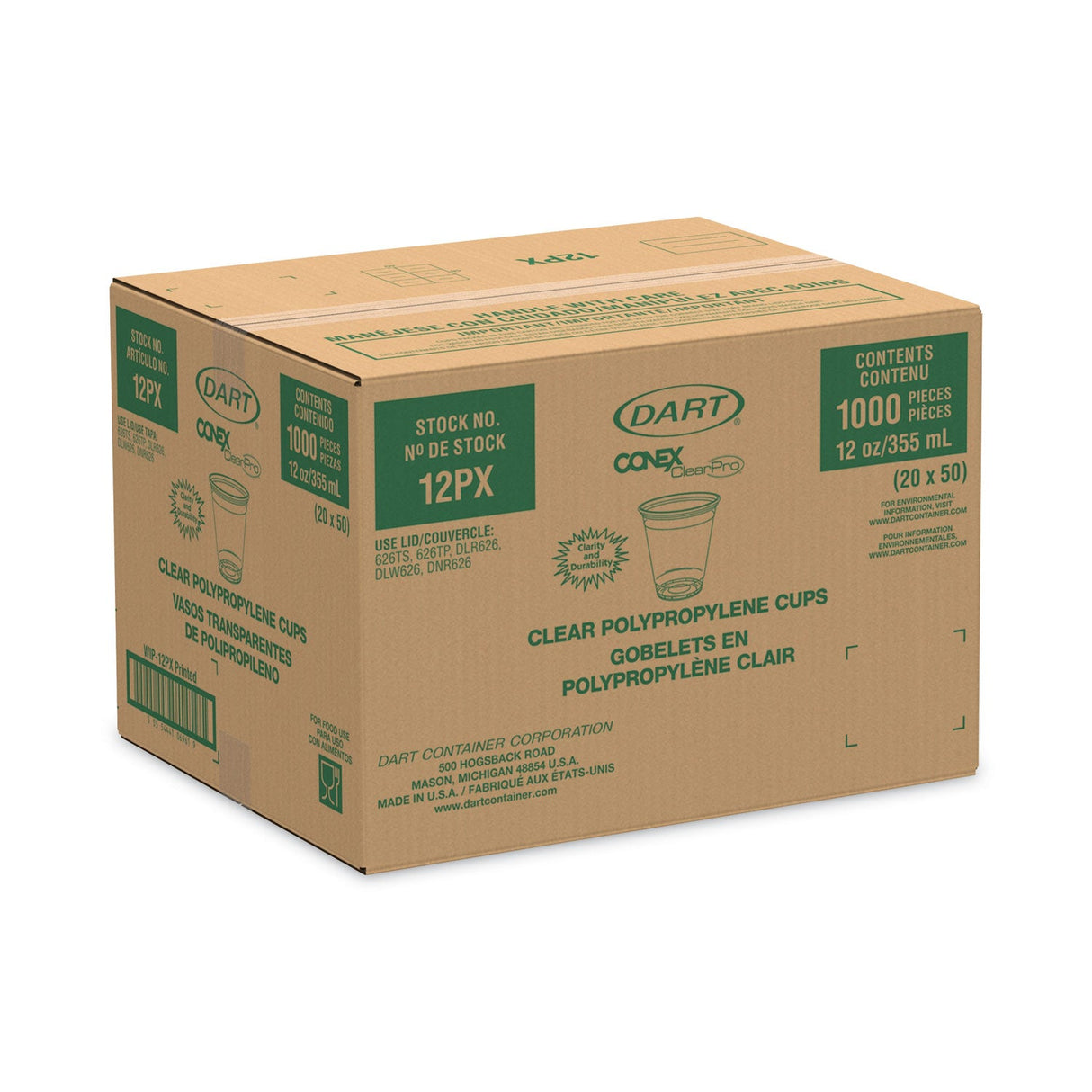 Dart Conex ClearPro Plastic Cold Cups, 12 oz, Clear, 50/Sleeve, 20 Sleeves/Carton