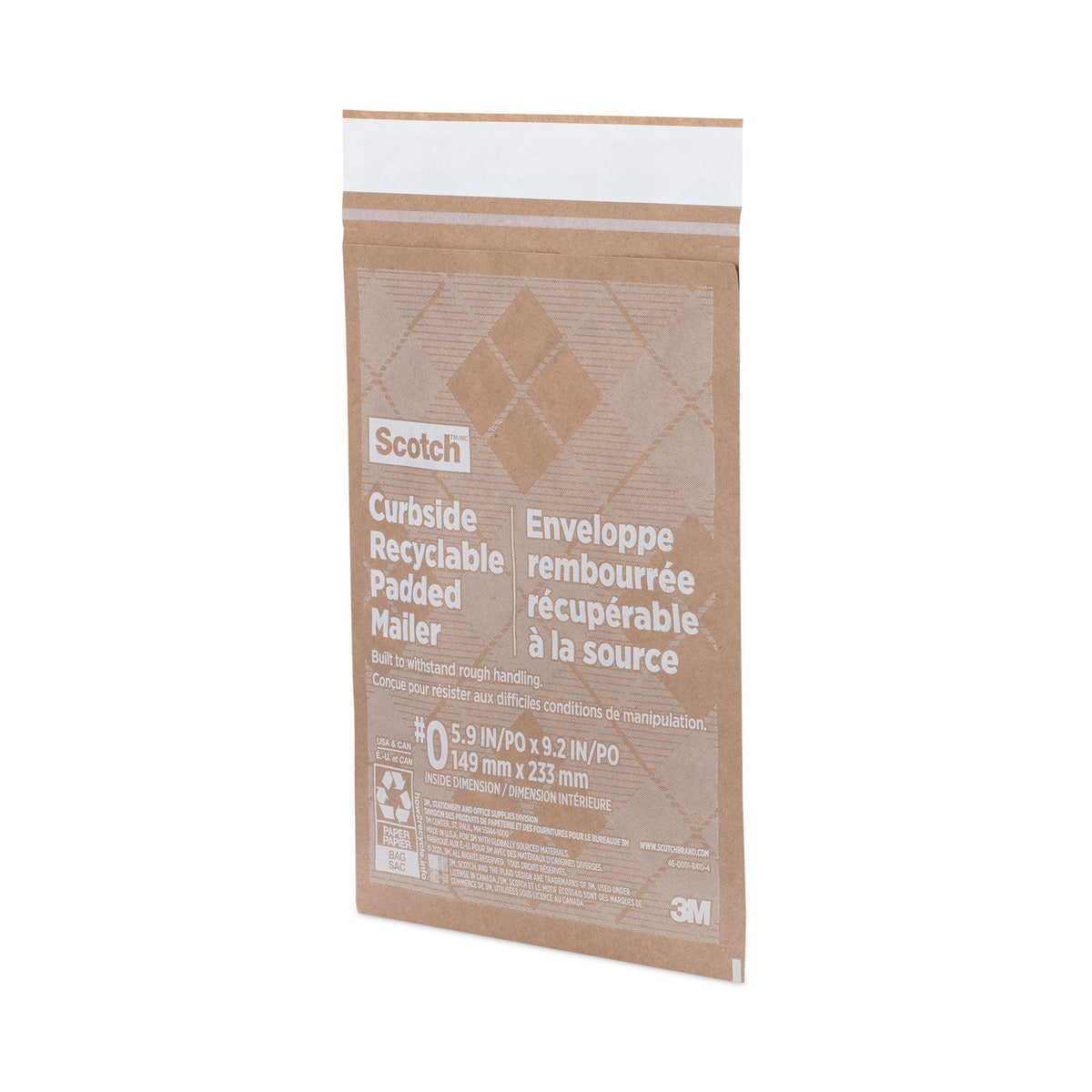Scotch Curbside Recyclable Padded Mailer, #0, Bubble Cushion, Self-Adhesive Closure, 7 x 11.25, Natural Kraft, 100/Carton