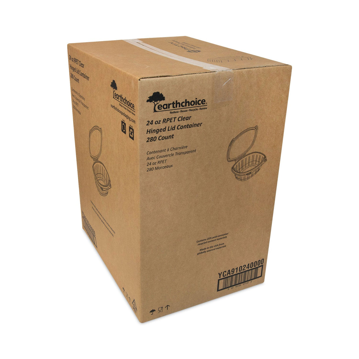 Pactiv Evergreen EarthChoice Recycled PET Hinged Container, 24 oz, 7.38 x 5.88 x 2.38, Clear, Plastic, 280/Carton
