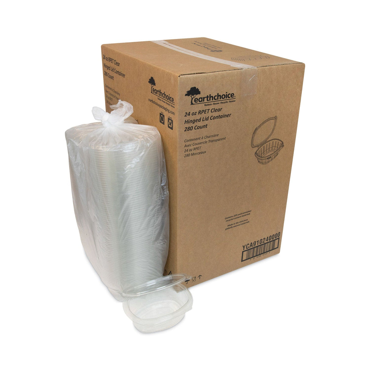 Pactiv Evergreen EarthChoice Recycled PET Hinged Container, 24 oz, 7.38 x 5.88 x 2.38, Clear, Plastic, 280/Carton