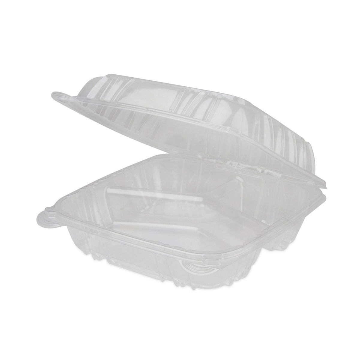 Pactiv Evergreen SENSATION SmartLock Hinged Lid Container, 3-Compartment, 8.24 x 8.34 x 3.05, Clear, Plastic, 200/Carton