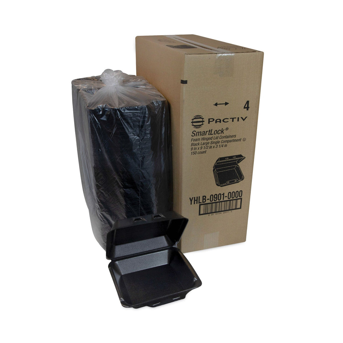 Pactiv Evergreen SmartLock Foam Hinged Lid Container, Large, 9 x 9.13 x 3.25, Black, 150/Carton