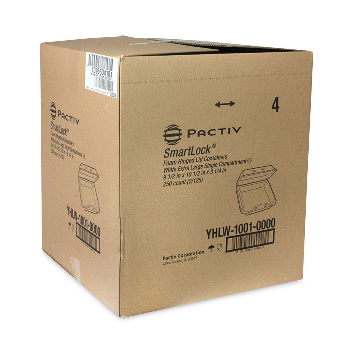 Pactiv Evergreen SmartLock Foam Hinged Lid Container, X-Large, 9.5 x 10.5 x 3.25, White, 250/Carton