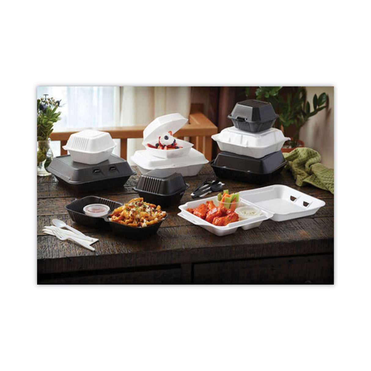 Pactiv Evergreen Vented Foam Hinged Lid Container, Dual Tab Lock Economy, 3-Compartment, 9.13 x 9 x 3.25, White, 150/Carton