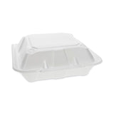 Pactiv Evergreen Vented Foam Hinged Lid Container, Dual Tab Lock, 3-Compartment, 9.13 x 9 x 3.25, White, 150/Carton