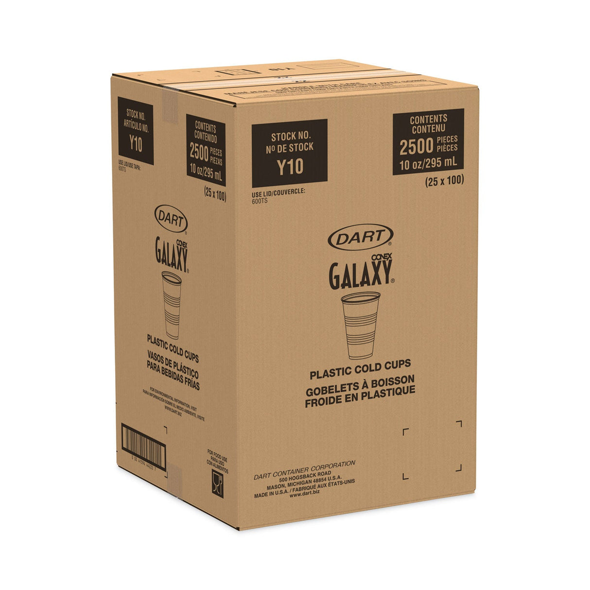 Dart High-Impact Polystyrene Cold Cups, 10 oz, Translucent, 100 Cups/Sleeve, 25 Sleeves/Carton