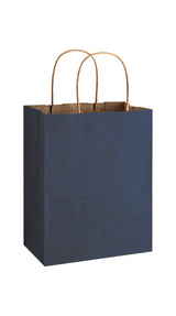 Navy shadow stripe matte shopping bag, 8 x 4-3/4 x 10-1/2"