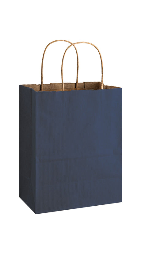 Navy shadow stripe matte shopping bag, 8 x 4-3/4 x 10-1/2"