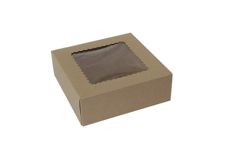 Kraft 4 Corner - Window Bakery Box - 9 x 9 x 3" - Case/200