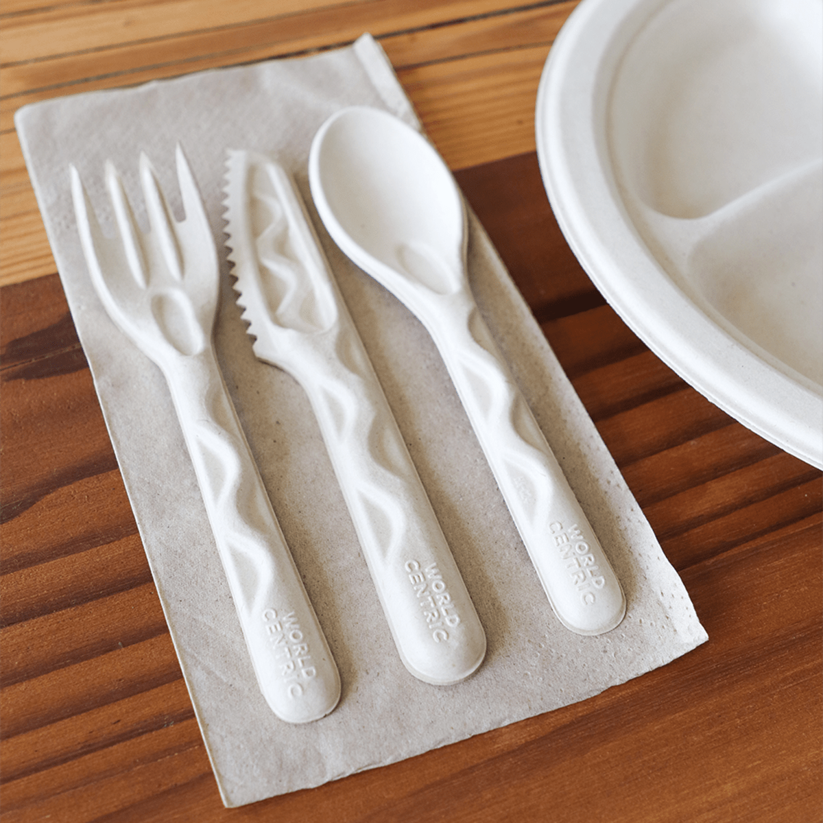 World Centric 6” Wrapped Fiber Cutlery Set: Fork, Knife, Spoon, Napkin (QTY:250)