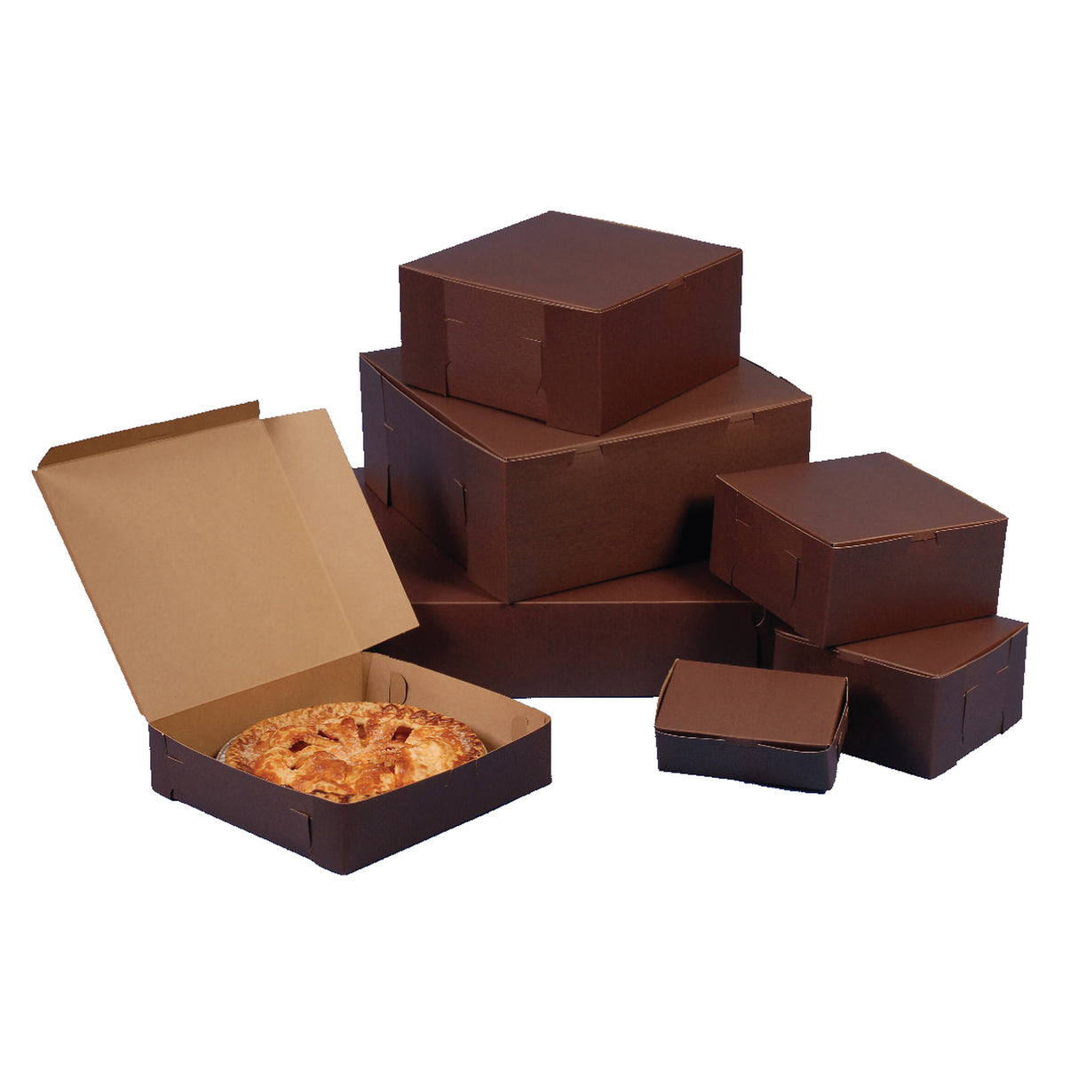 A set of brown cardboard bakery and cake boxes in various sizes, with one box open and containing a round baked good pie, shown on a plain white background.
