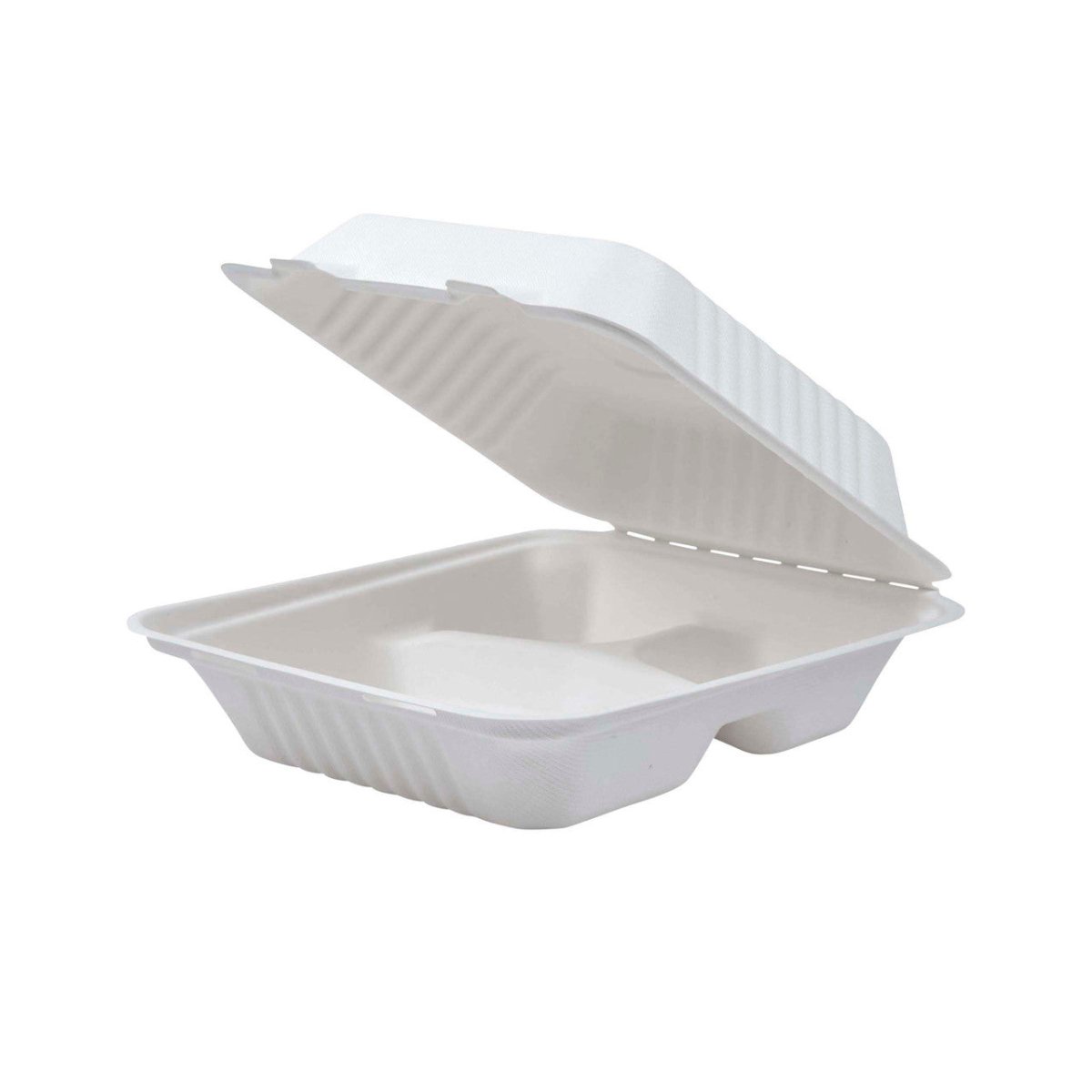 Eco-Products Vanguard 8 x 8 x 3 in 3-Compartment Sugarcane Clamshell Compostable Container (QTY 200), SKU EP-HC83MWNFA