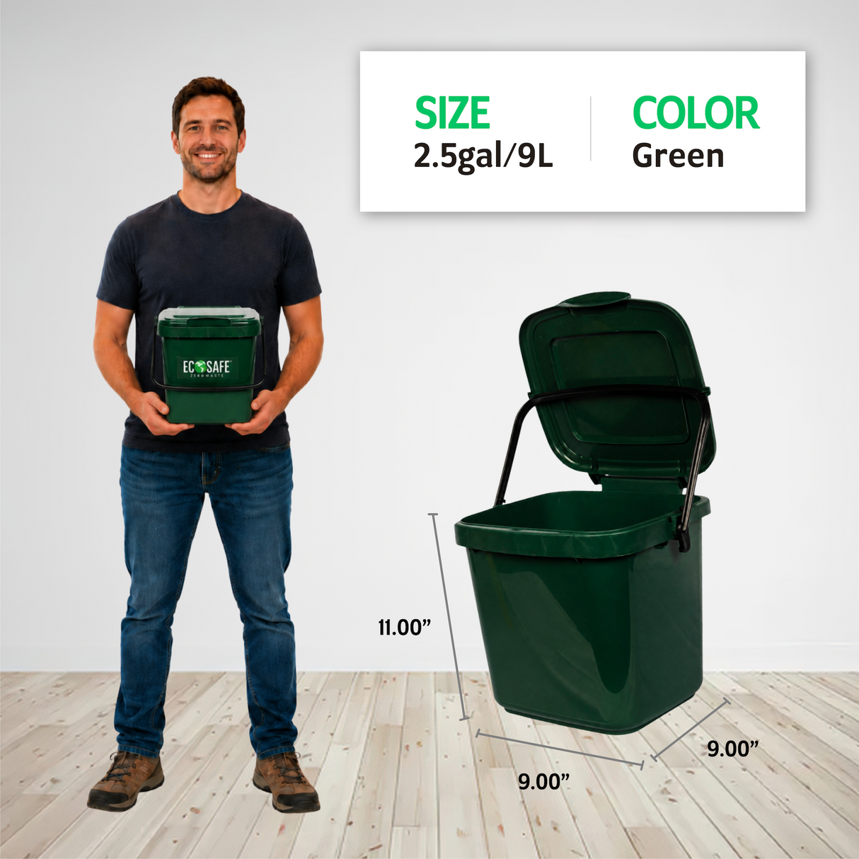 EcoSafe 2.5-Gallon Kitchen Caddy, Eco-Friendly Compost Container, Small Food Waste Bin for Food Scraps and Trash (QTY 1), SKU KCGRN