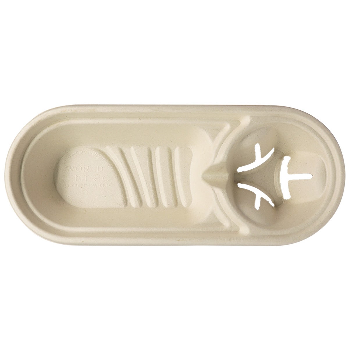 World Centric 13 x 5 in Fiber Serving Tray with Cup Holder, Compostable No PFAS (QTY 300), SKU TR-FB-1305CC-LFS