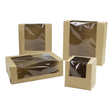 Brown kraft paper pastry and bakery boxes with clear plastic window panels, shown in different sizes on a plain white background.